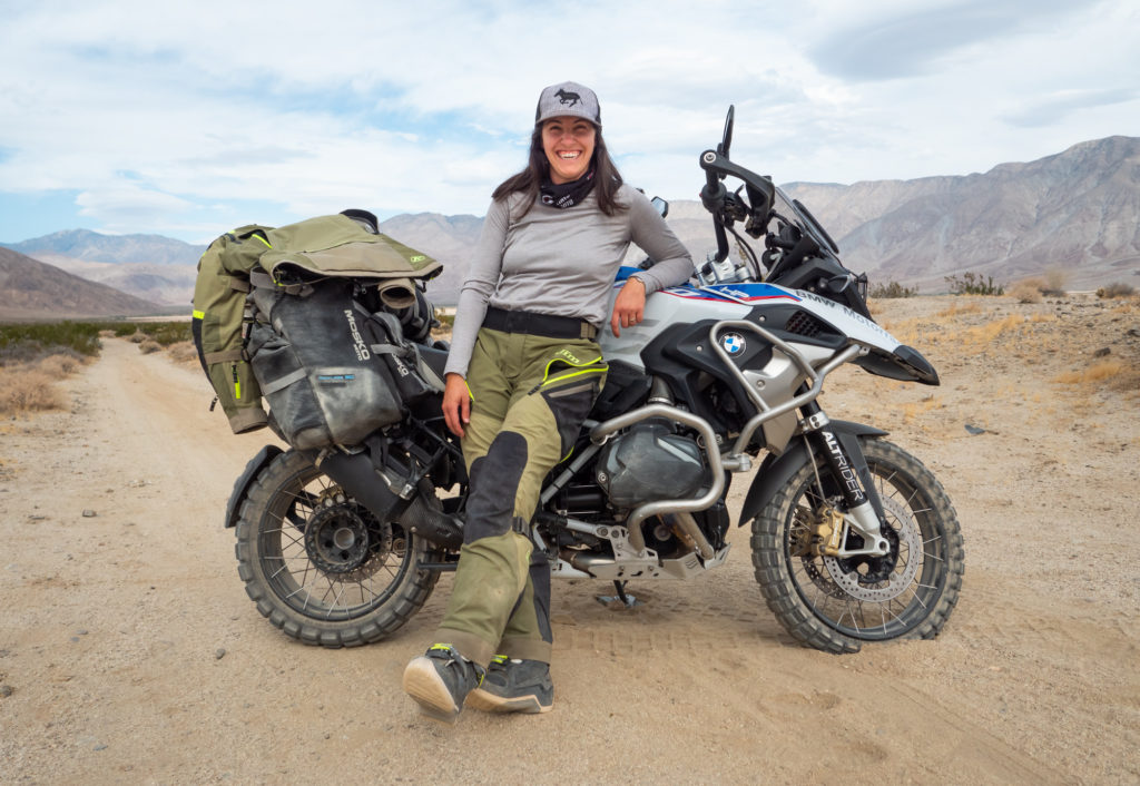 Cassie Maier with her BMW R1250GS on set in Borrego Springs, CA