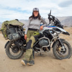 Cassie Maier with her BMW R1250GS on set in Borrego Springs, CA
